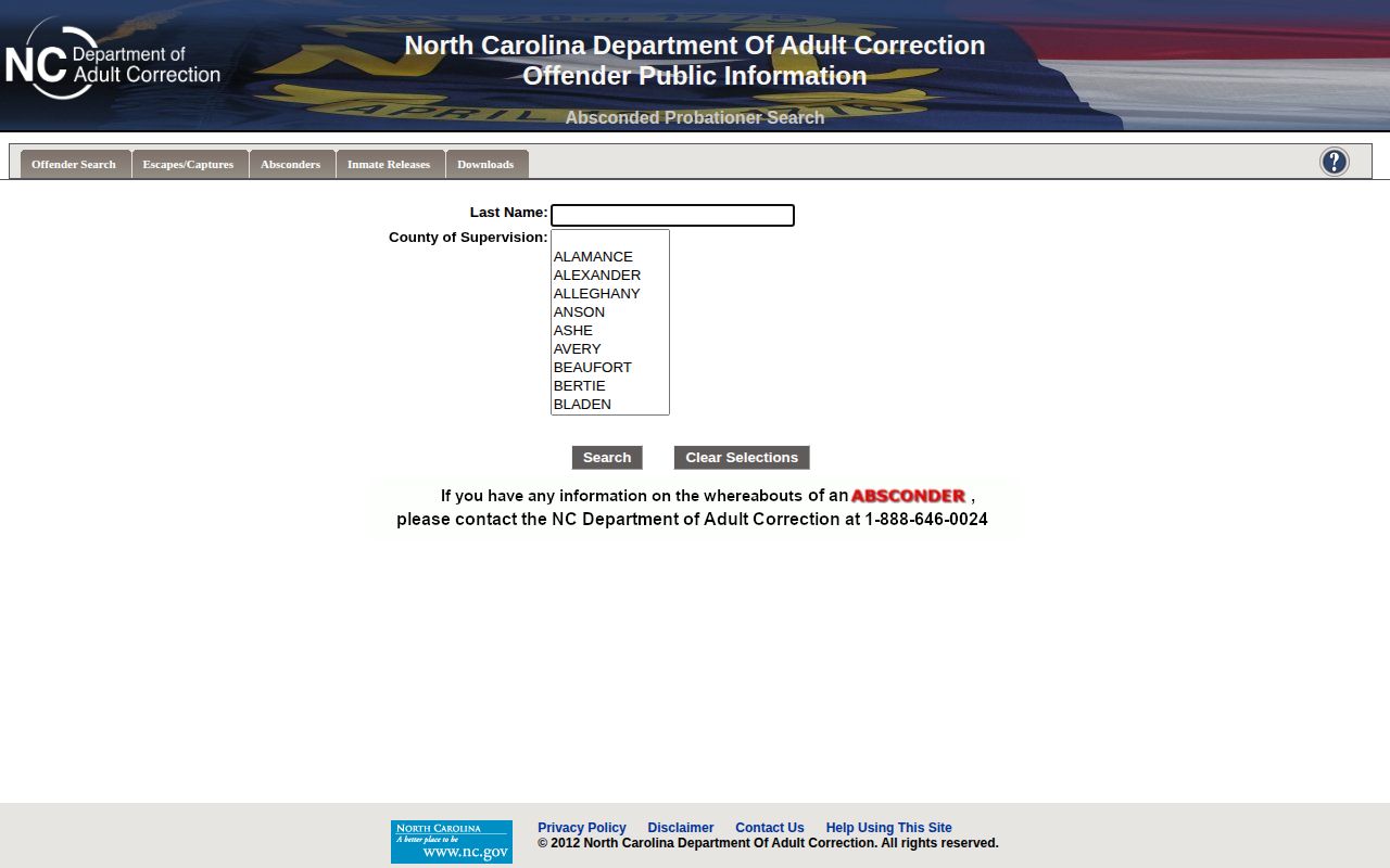 NC DAC absconder lookup page