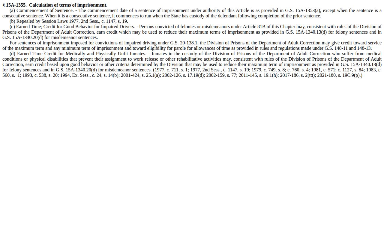 North Carolina sentence calculation jail credit and earned credit statute