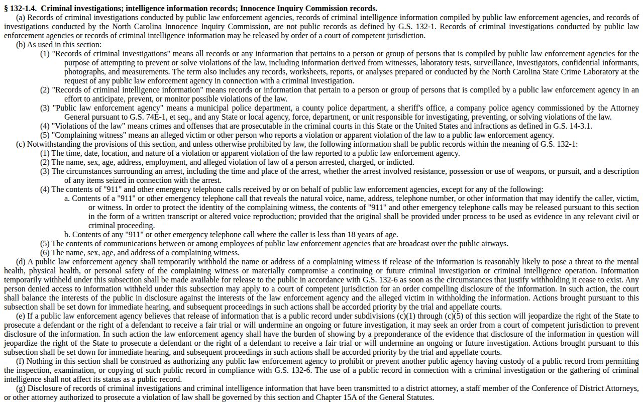 North Carolina statute governing criminal-investigation records and public arrest information